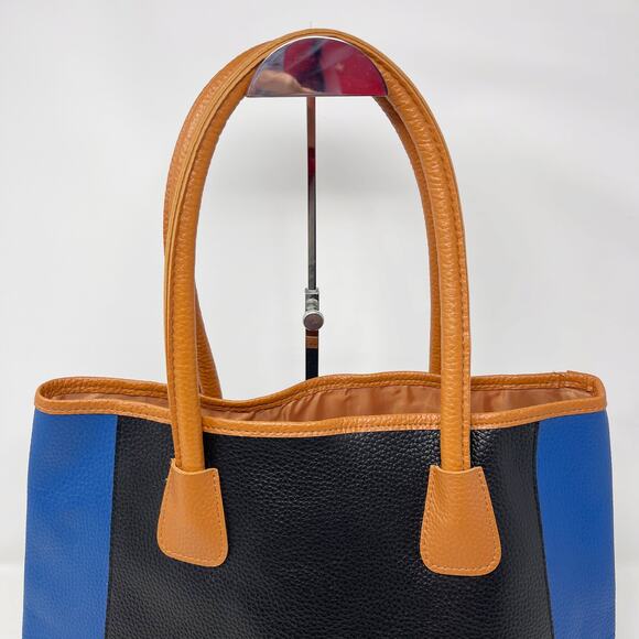 Neiman Marcus Blue Black Tan Faux Leather Colorblock Stripe Tote Bag Purse - Picture 4 of 13